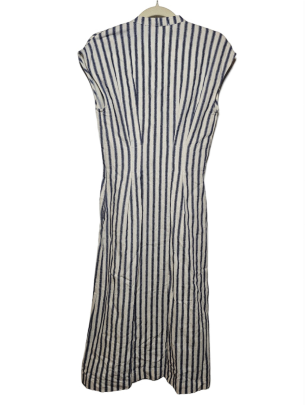 Self Contrast Anthro Midi Dress Jamila Striped Cotton Linen Cream Navy Small NWT - Picture 2 of 6